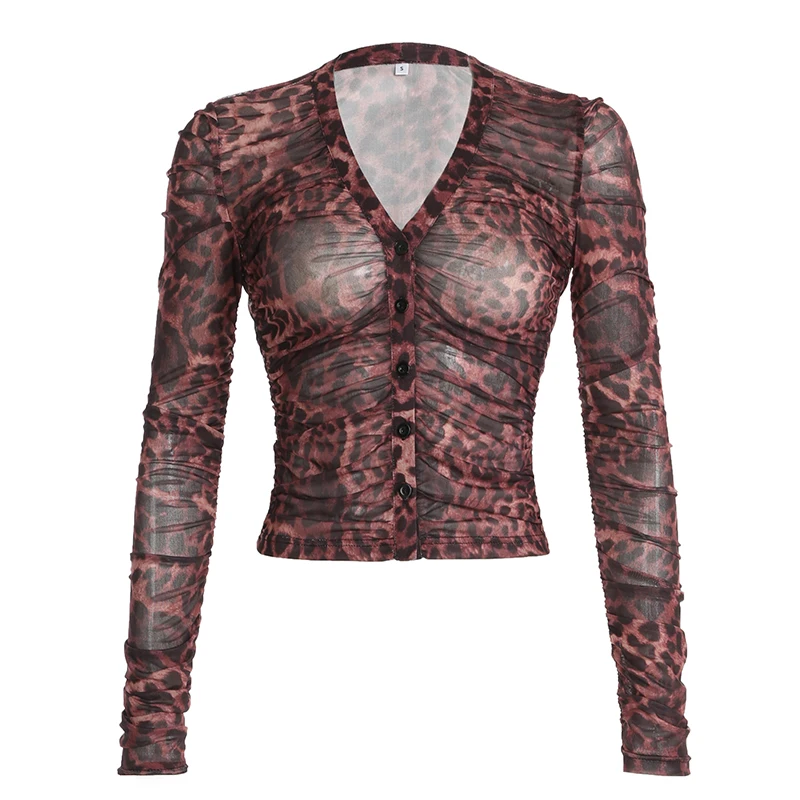 Camiseta de malla transparente con estampado de leopardo, top corto sexy de manga larga con volantes y botones, camiseta urbana vintage para mujer Y2K