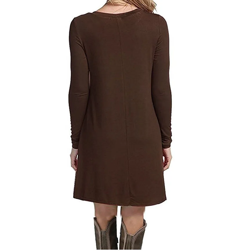 Womens Long Sleeve Swing Dress - Casual Solid Color Round Neck Autumn Winter