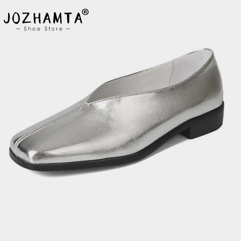 

JOZHAMTA Size 34-40 Women Vintage Pumps Genuine Leather Casual Loafers Thick Low Heels Shoes Spring Slip On Work Office Dressy