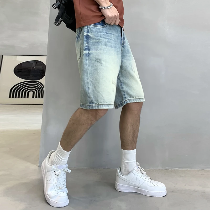 Light Colored High Street Trendy Brand Loose Straight Casual Men'S Denim Capris Summer Thin And Simple Retro Shorts