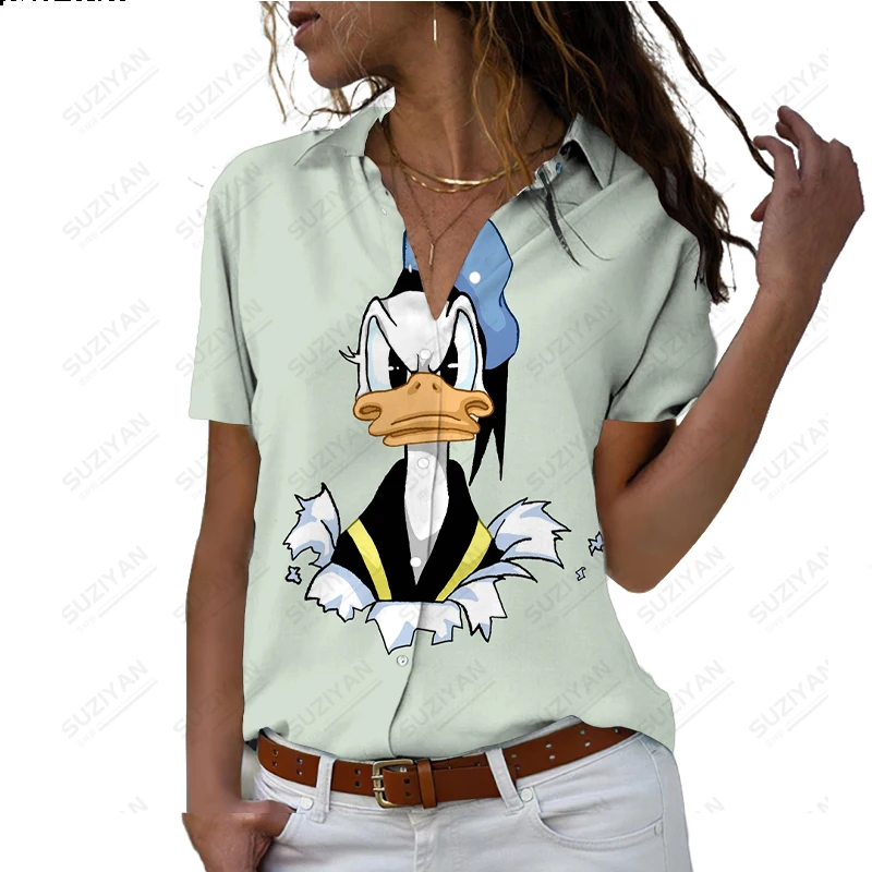 

2023 New Disney Harajuku Slim Fit 3D Printing Women's Button Loose Short Sleeve Polo Neck Casual Cute Shirt Plus Size Y2K Mickey