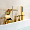 Golden Swan Bathtub Faucet Widespread Tub Mixer Tap Deck Mounted 3 Handle Swan Bath Shower Set with Pull Out Handshower Head 6