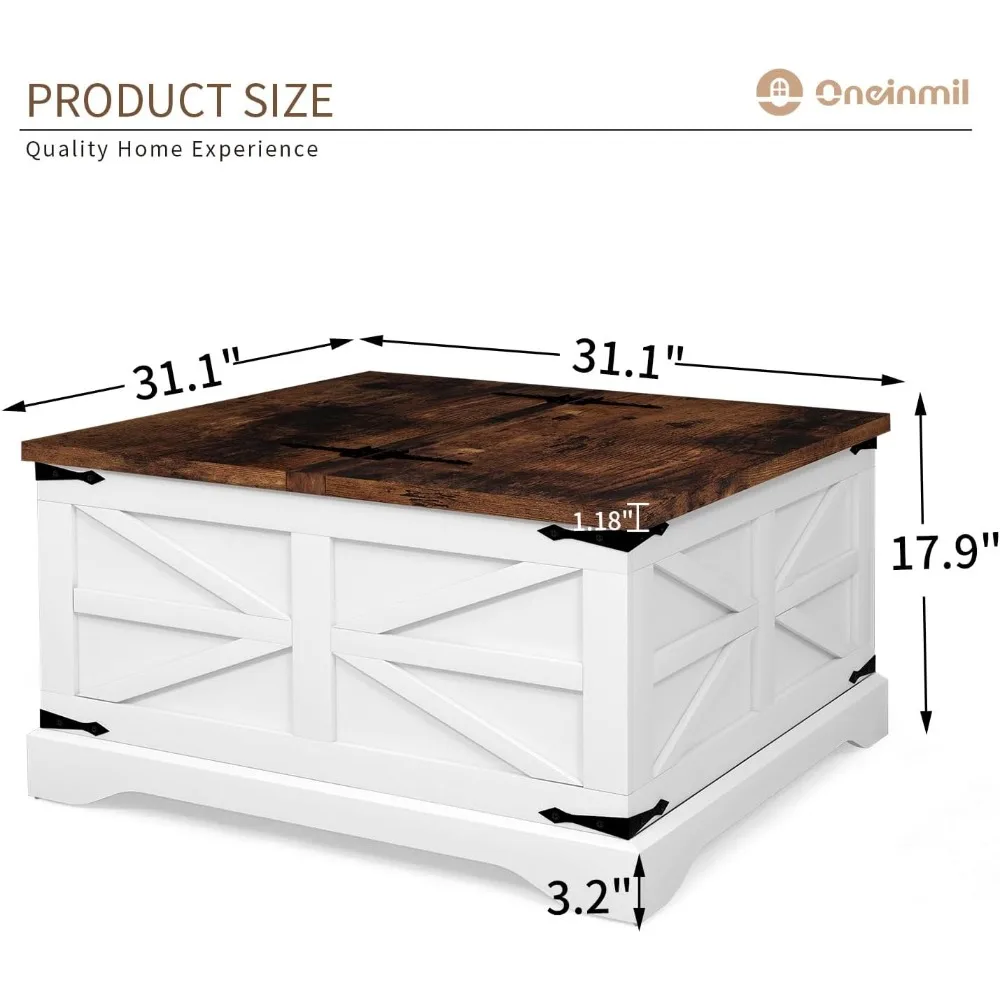 Modern Farmhouse Coffee Table Square Wood Center Table with Storage Space Metal Corners Z Shape Table 2
