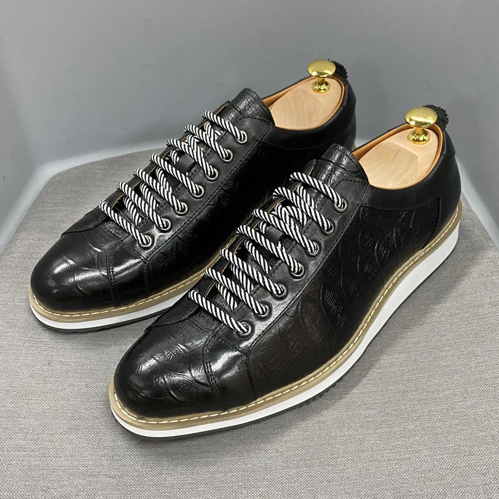 Casual Leather Shoes Genuine Leather with Thick Soles, Daily Single Shoes, Fashionable Crocodile Pattern Embossed Handmade Shoes