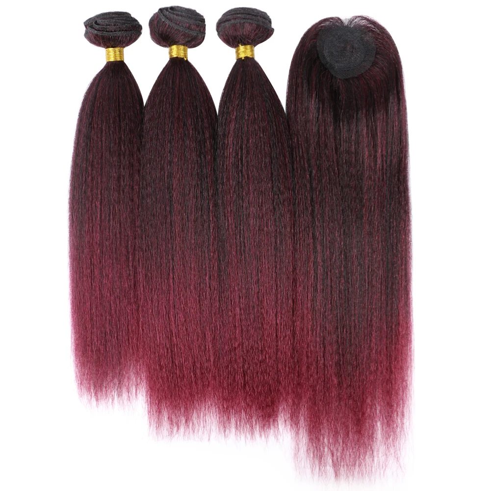 Yaki Straight Hair Bundles With Closure Synthetic Double Weft Hair Weaving Full Head African Hair Extension