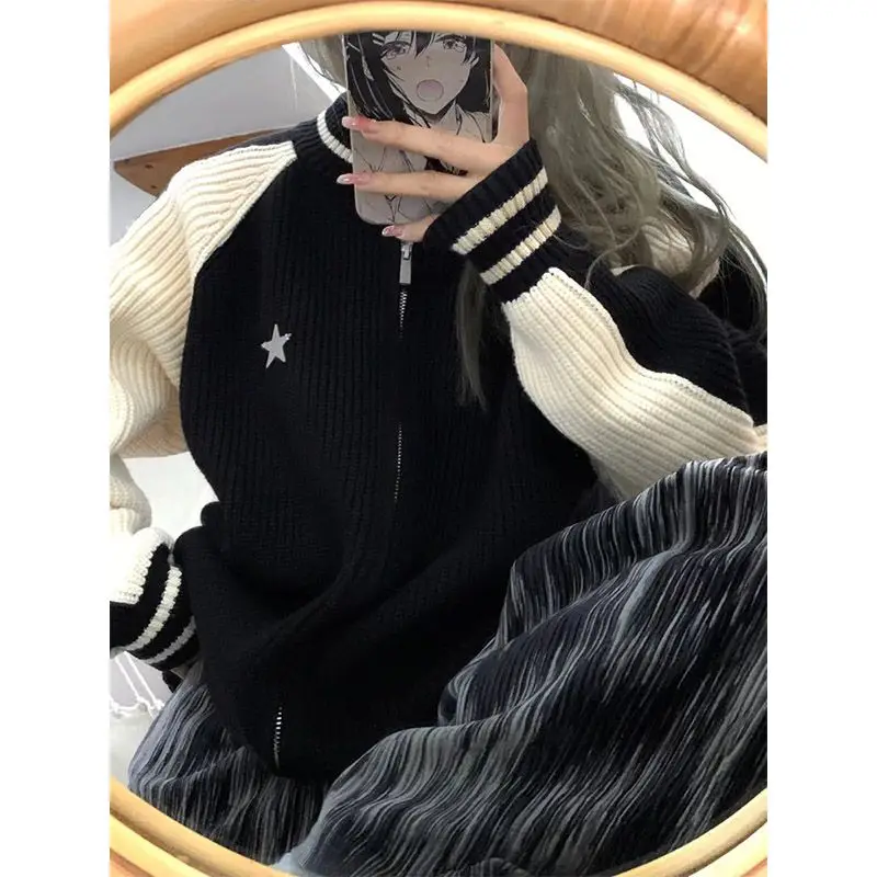 

HOUZHOU Streetwear Y2k Zipper Knitted Cardigan Women Korean Fashion Vintage Patchwork Star Print Sweater Jumper Harajuku 2023
