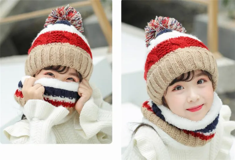 Big Kids Winter Knit Soft Hat and Scarf Set Child Plush Warm Winter Cap Scarves Girls Patchwork Circular Scarf Hat Frozen