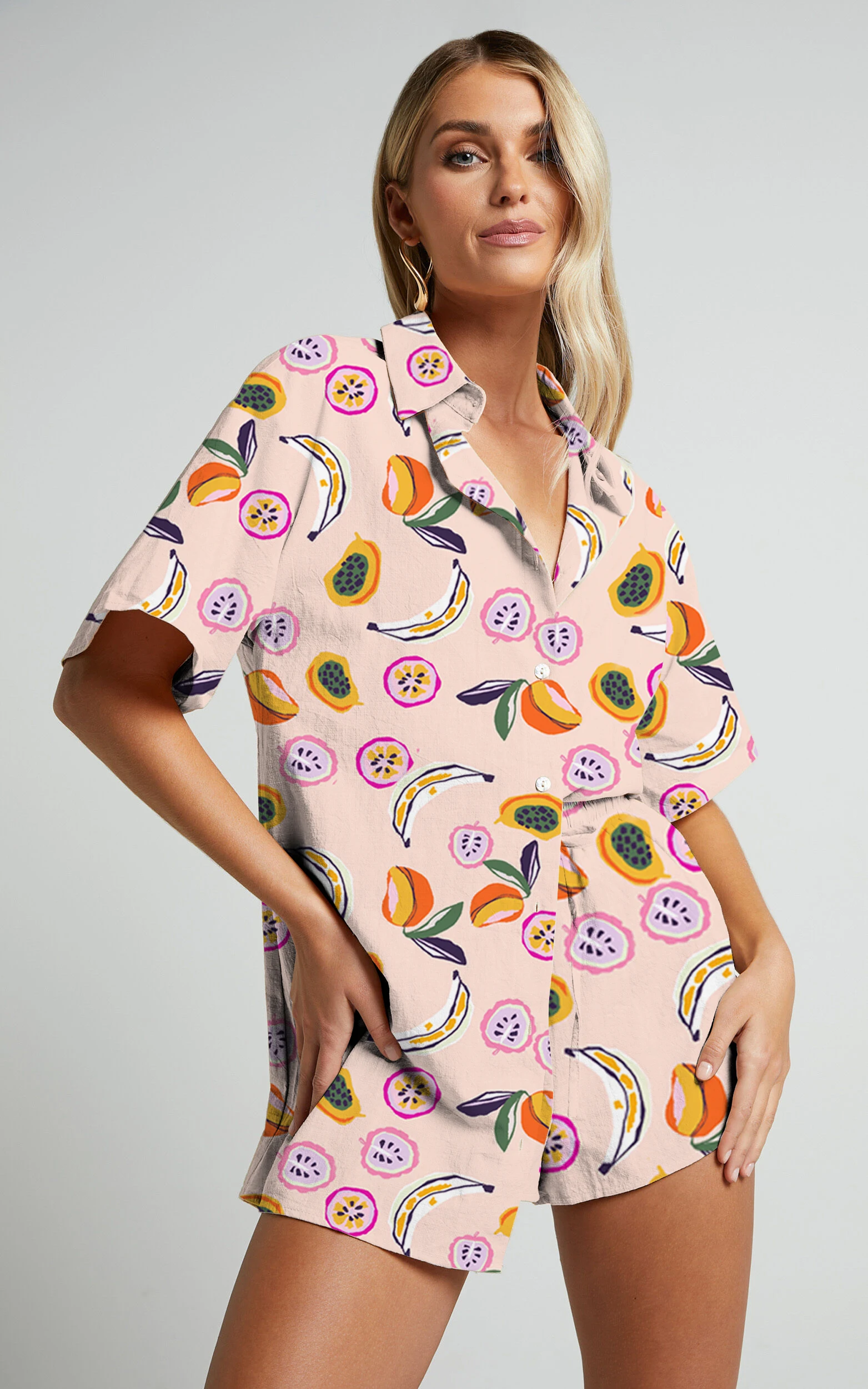 

Women's Summer Pajama Set Fruit Print Short Sleeve Lapel Button Down Tops Elastic Waist Shorts Harajuku Korean Chic Homewear