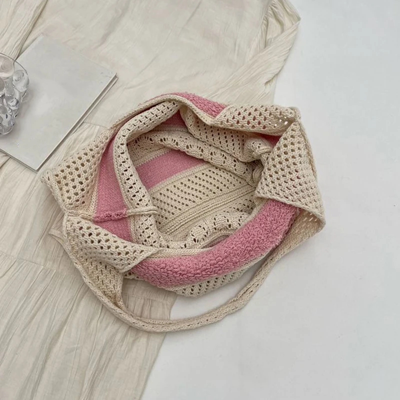 Fashion Vintage Colour Blocking Striped Knitted Hollow Tote Bag Large Capacity Shopping Shoulder Bag Handbag for Women