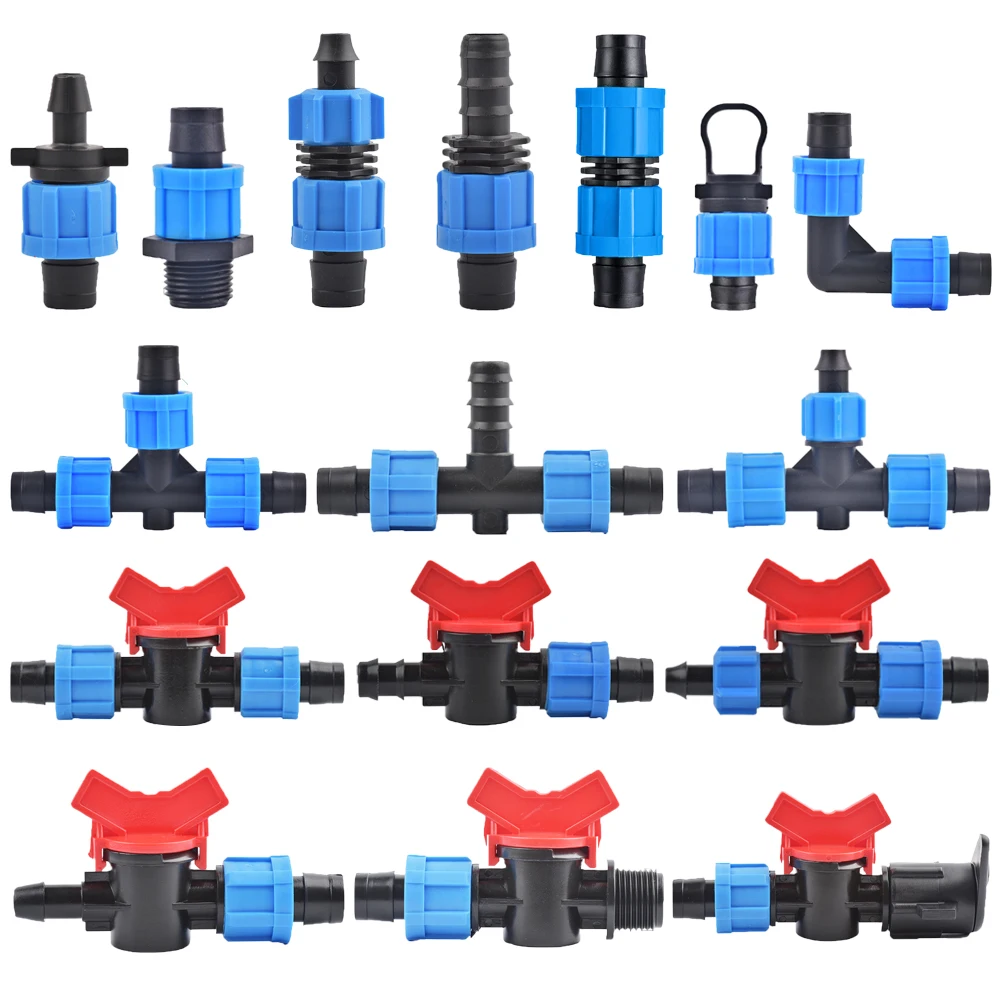 16mm Micro Irrigation Drip Tape Connectors Tee Repair Elbow End Plug Tap Fittings Locked Hose Joints Greenhouse Coupler 1Pc
