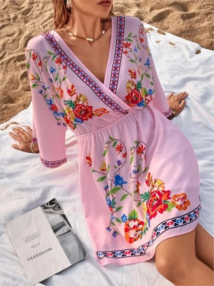 

Flower Printed Mini Dresse For Women V-neck Three Quarter Sleeves Casual Bohemian Beach Holiday Dress Female A-line Vestidos New