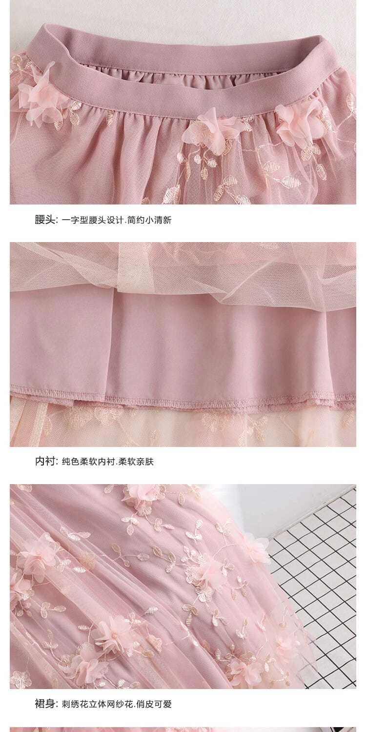 Luxury Woman Skirts 2021 Korean style Fashion Elastic Waist Appliques Embroidery Floral Mesh Skirt Long Gauze Ball Gown Skirt short skirt