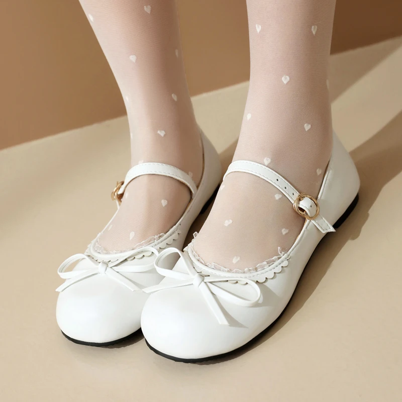 Spring Autumn Pink White Mary Janes Flat Shoes Woman Round Toe Buckle Strap Lolita Girls Student Ballet Flats Plus Size 43 44 45 3