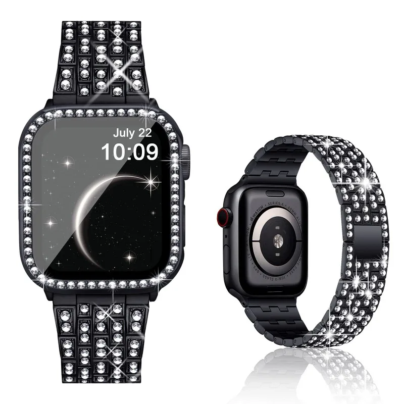 

Бриллиантовые ремешки для Apple Watch 45 мм 41 мм 40 мм 42 мм 44 мм, Женский Блестящий металлический ремешок, защитный чехол для iWatch Series 8 7 6 5 4 3 2 SE