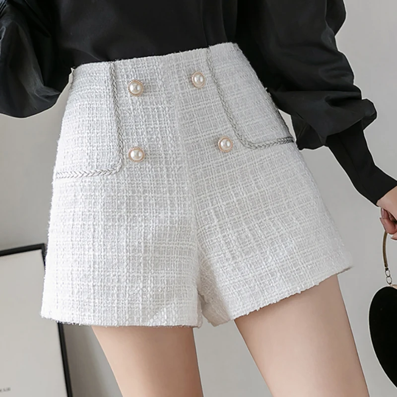 levis shorts Autumn New High Waist Tweed Shorts Women Casual Loose Ladies Korean Fashion Slim Button Zipper Shorts Feminino All-match Bottoms swimming shorts Shorts