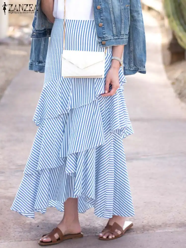 

Vintage Wrap Hips Jupes ZANZEA Women Fashion Stripe Skirts Holiday Multi-layer Ruffled Faldas 2024 Summer Casual Irregular Skirt