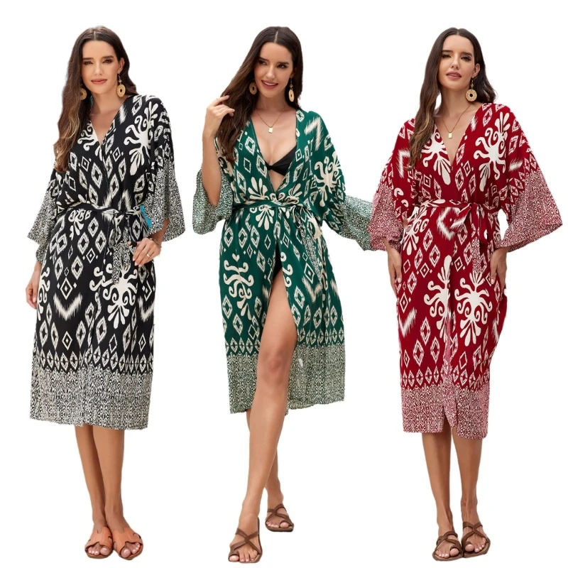 

Women Summer Long Sleeve Kimono Swimsuit Cover Up Geometric Print Open Front Loose Cardigans Shawl Beach Dress with Belt