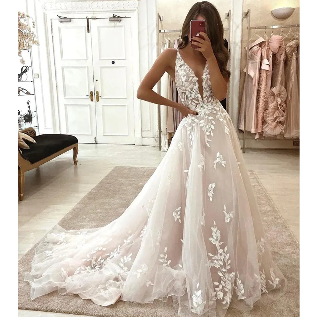 

Trendy A-line Wedding Dress Princess Lace Up Exquisite Applique V-Neck Mopping Gown Vestido De Novia 2023 Women