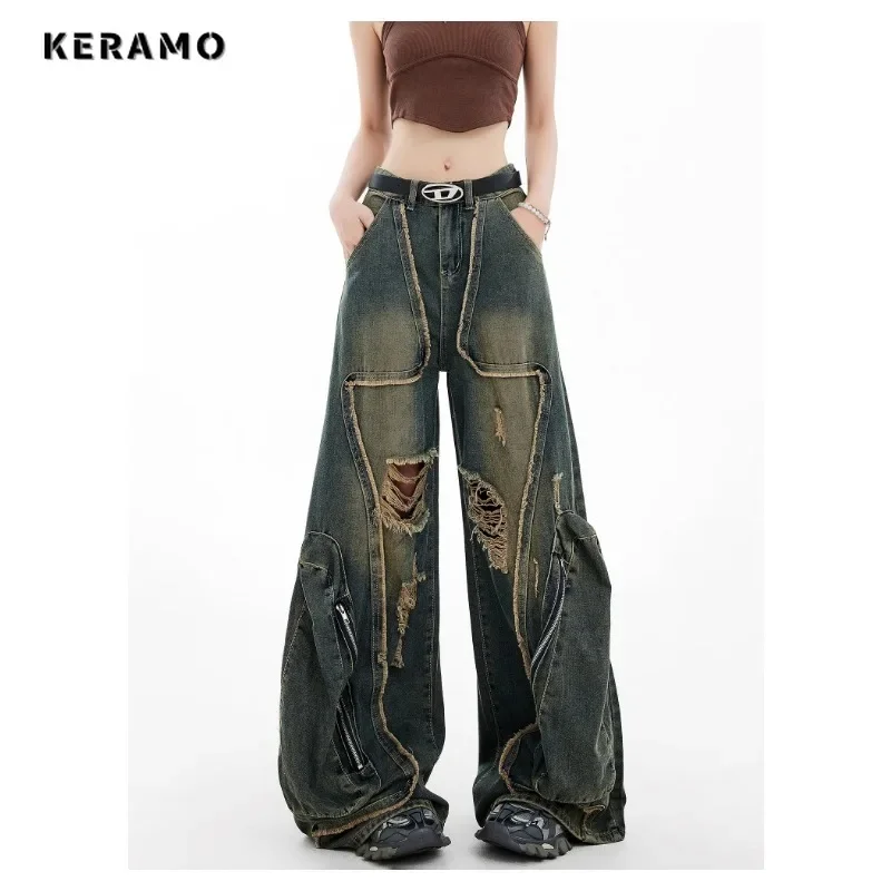Women's Casual Ripped Harajuku Jeans Y2K Wide Leg Punk Baggy Denim Trouser Autumn Vintage Zipper Emo Loose Washed Pants