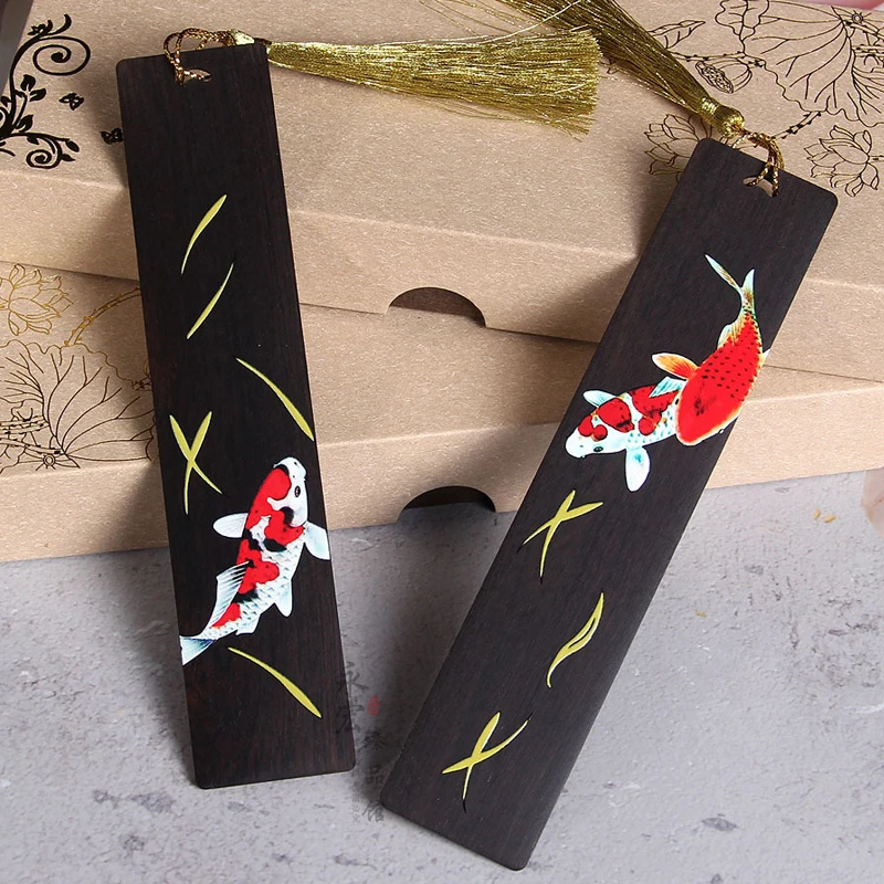Wooden Bookmark Chinese Style Retro Painted Koi Carp Tassel Pendant Creative Book Mark Students Supplies Stationery Accessories