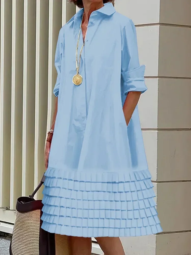 UOOZEE Lapel Shirts Dress For Women Spring Long Sleeves Loose Fashion Layered Pleated Casual Going Out Midi Dresses 2024 New