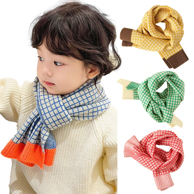 Bufanda a cuadros para niños niñas, bufandas de punto a la moda, colores retales, cuello cálido, accesorios para niños de 2 a 8 años, Otoño Invierno| | - AliExpress