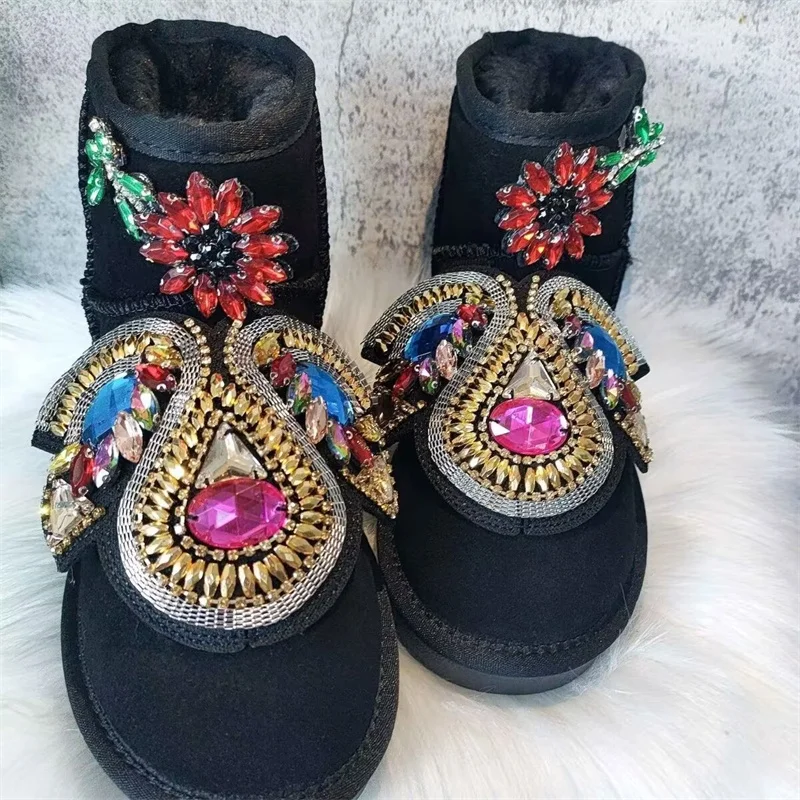 

Сапоги женские с лисьим мехом, этнические теплые зимние сапоги из кашемира, с цветной цепочкой со стразами, ручной работы, большие размеры 35-44