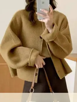 Office Lady monopetto corto giacche di lana da donna 2025 autunno e inverno O-collo sciolto donna 100% cappotti di lana 1