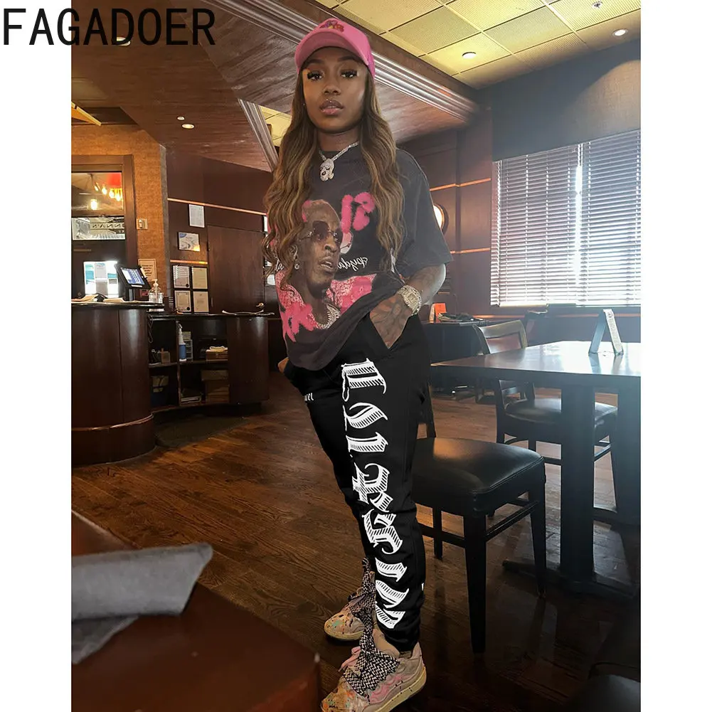 FAGADOER Fashion Streetwear Women High Waist Drawstring Sportpants Casual Letter Printing Sporty Trousers Female Bottoms Clothes