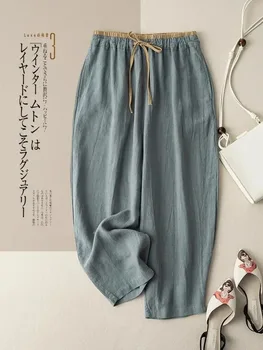 Retro commuting pants, Korean version, minimalist style, cotton linen wide leg casual pants, women's loose hanging straight leg