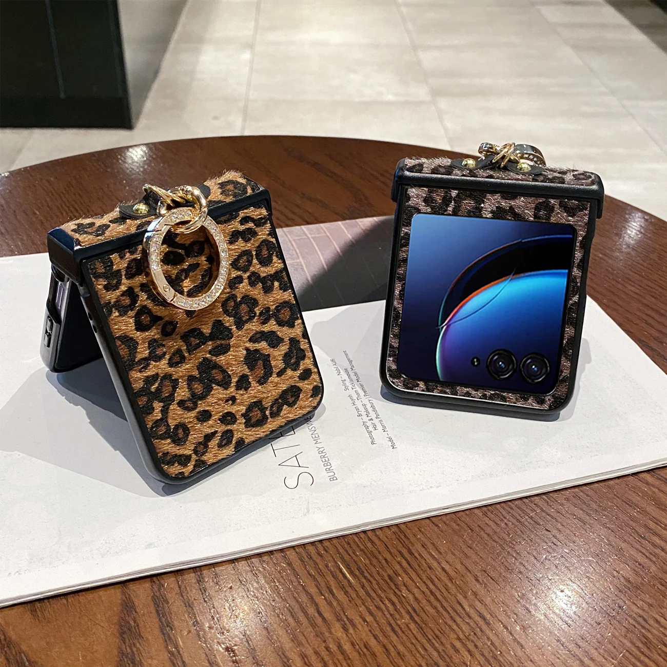Chic Leopard Leather Plush Cover with Diamond-Plated Ring Buckle
