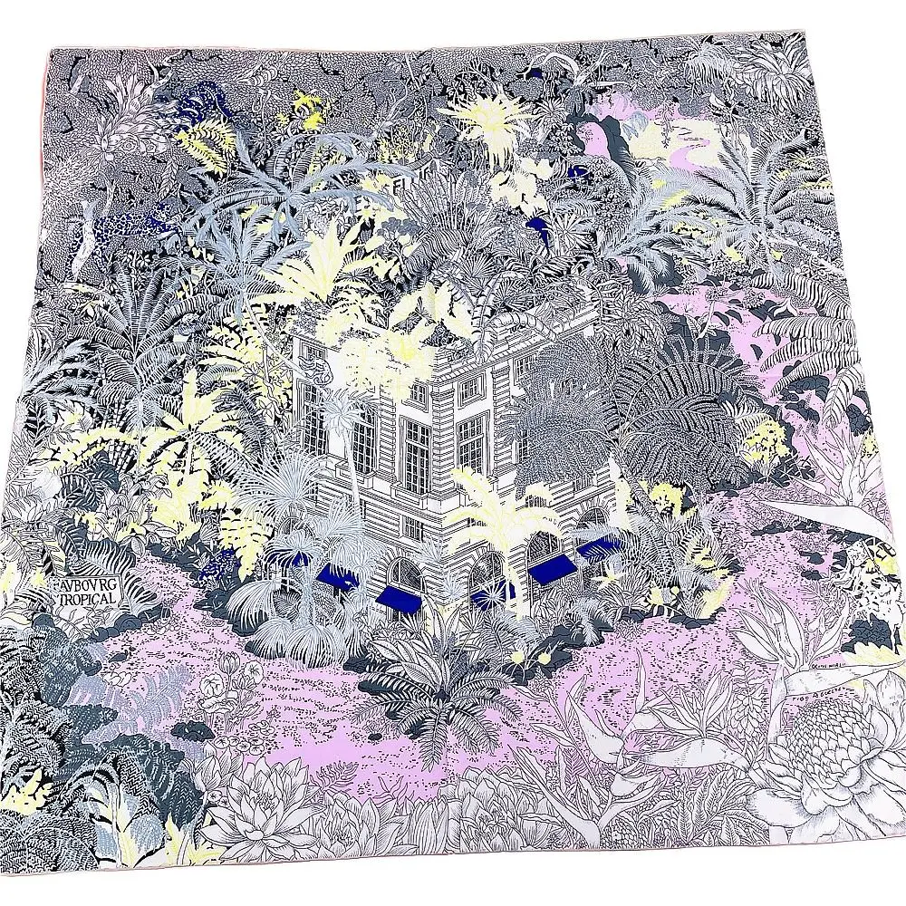 

90cm*90cm Foulard Twill Silk Square Scarf Building Trees Printed Women Shawl Hijab Bandana Handmade Curled Headband For Ladies