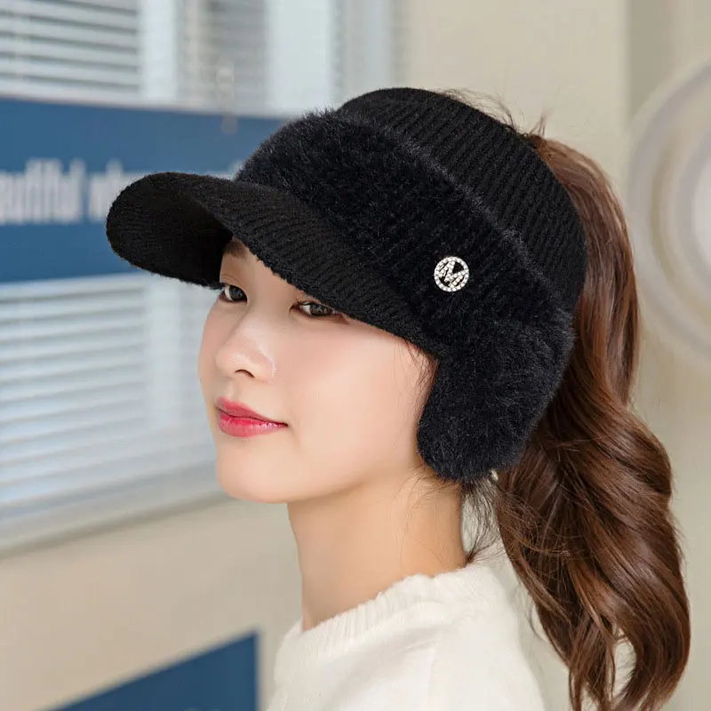 CNTANG 2022 New Autumn Winter Fashion Women's Knitted Fleece Hat Ladies With Earflaps Hats Empty Top Baseball Cap For Female 2