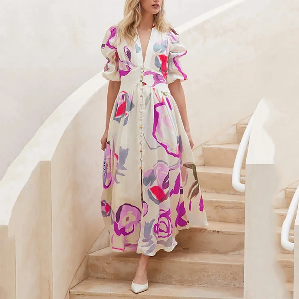 European and American women's beach dress slim-fit big swing four-sided printed skirt