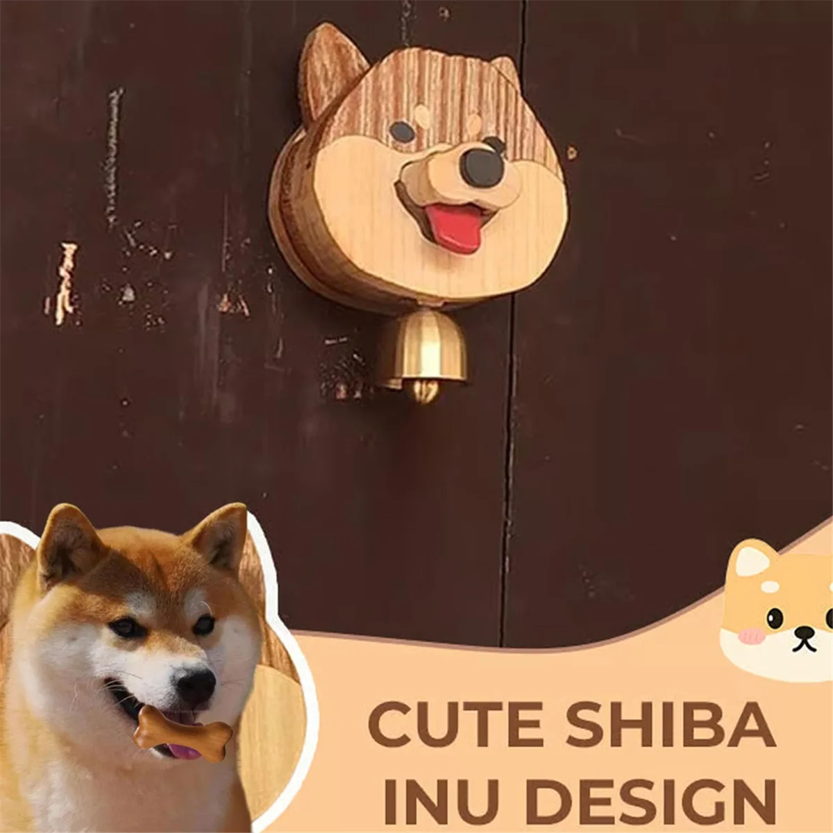 A04R-Wooden Shiba Inu Wind Chime Doorbell, Hanging Decoration Wind Chime, Wood Products Doorbell Shiba Inu Doorbell