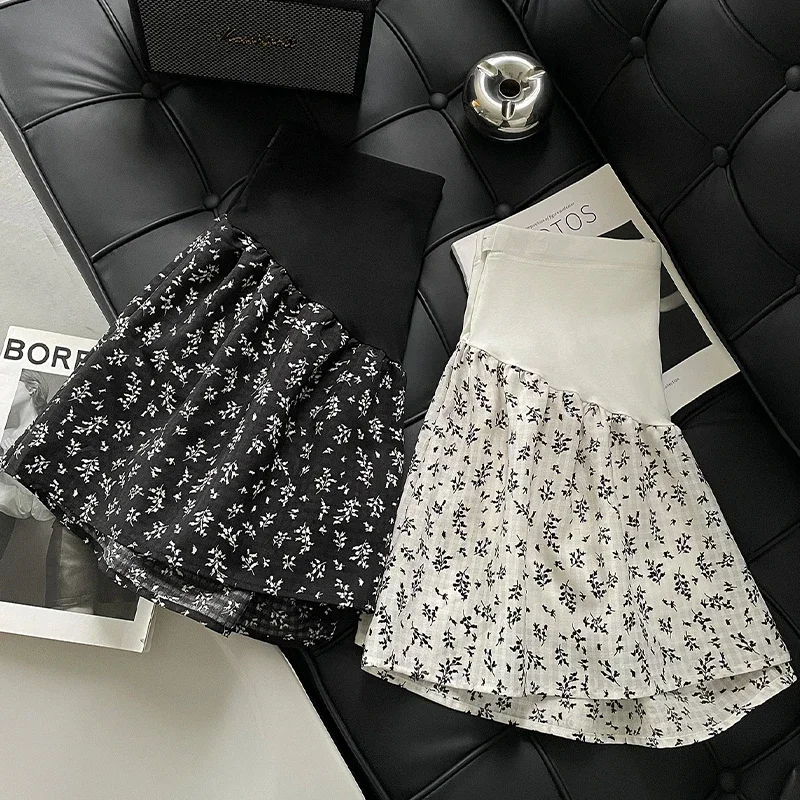 Fashion Printing Maternity Summer Shorts High Waist Sweet Pregnant Woman Floral Belly Skirts with Lining Pregnancy Chiffon Skort