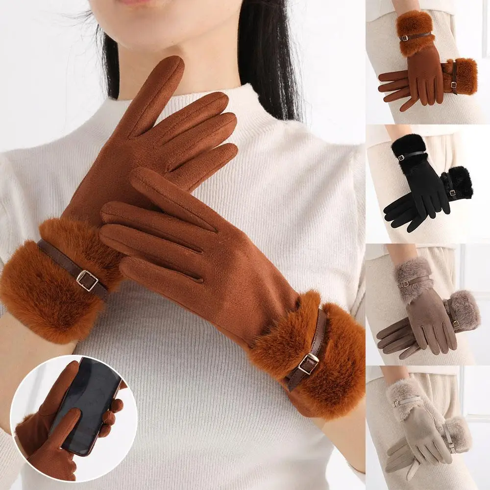 Winter Thick Plush Gloves For Women Fleece Lining Windproof Warm Touch Screen Wrist Gloves Lady Outdoor Driving Cycling Mittens