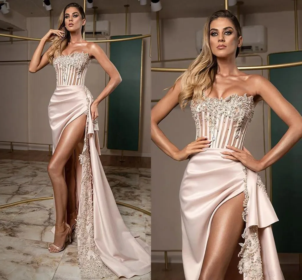 

2024 Prom Dresses Sexy Strapless High Side Split Evening Gowns Elegant Lace Appliques Women Special Occasion Dress Vestidos De F