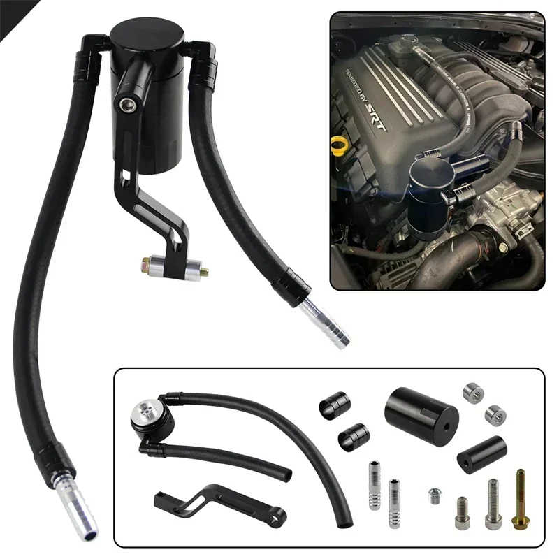 

Black Billet Oil Catch Can For 6.4 392 HEMI Charger Challenger 300 Fully Assembled W/braided Hoses 2011+