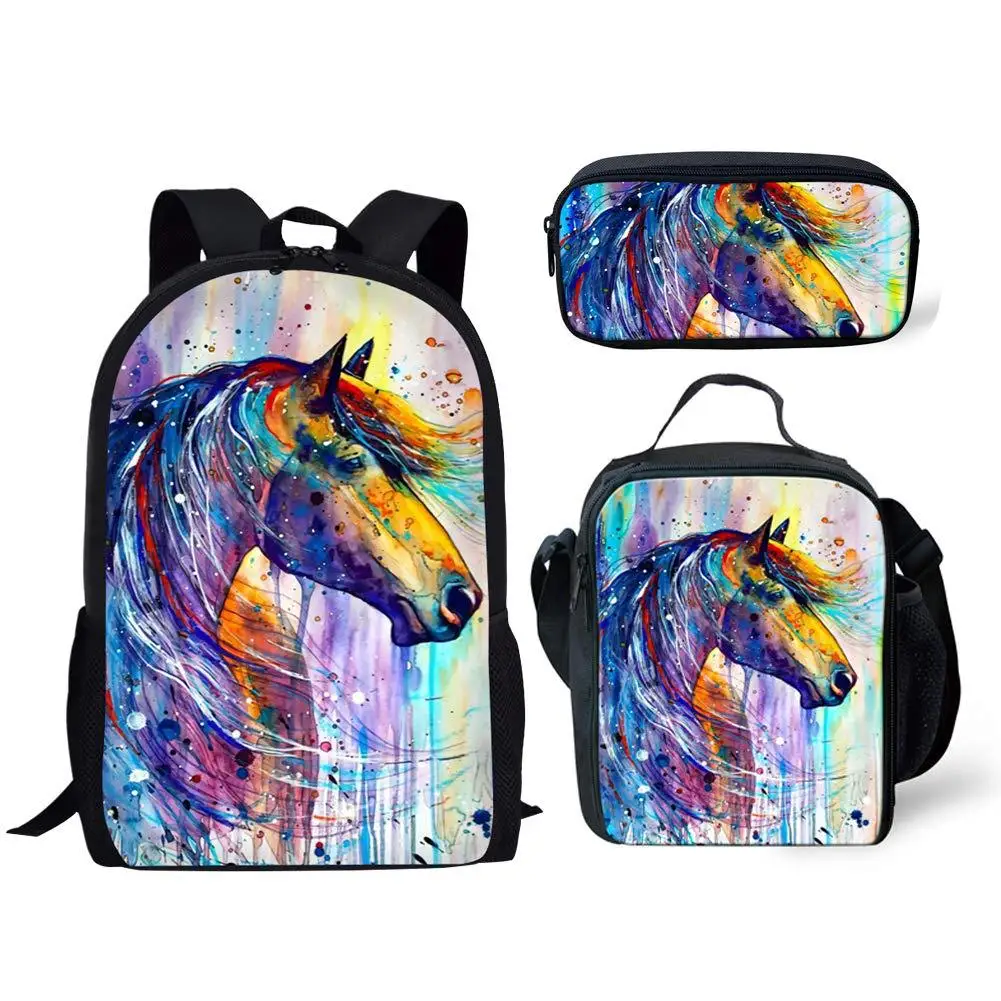 Classic  Novelty Classic Colourful Horse 3D Print 3pcs/Set pupil School Bags Laptop Daypack Backpack Lunch bag Pencil Case