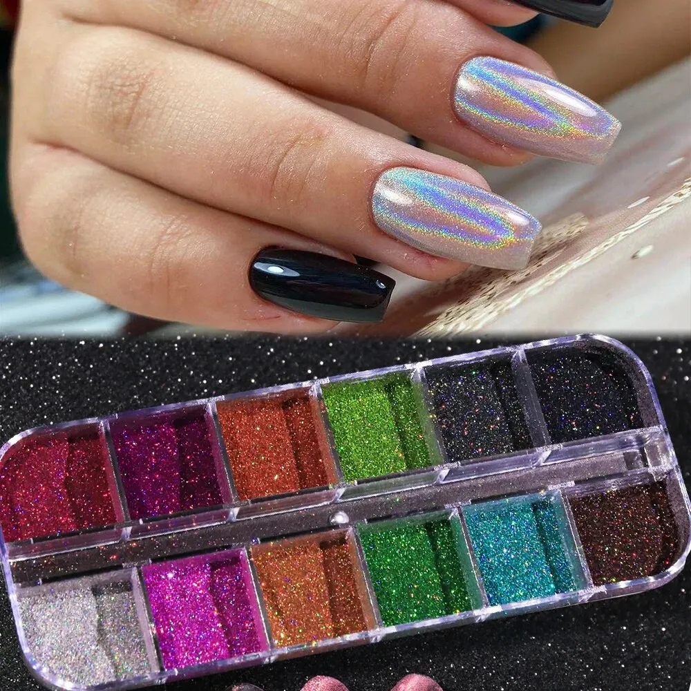 Zestaw pudru holograficznego Holo Silver Rub Dust Black Pink Chrome Nail Glitter Powder Laser Pigment do paznokci DIY Manicure