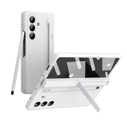 ELVEV Luxury Leather Folding Case with Hinge Protection and Kickstand, Screen Protector, and Stylus Pen - Galaxy Z Fold7 (White)