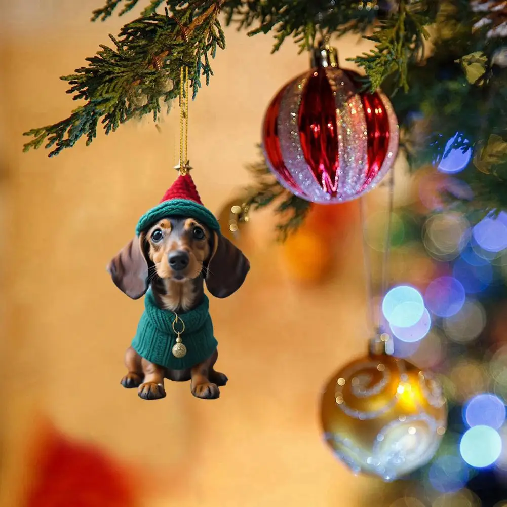 Cartoon Puppy Pendant Christmas Funny Sausage Dog Car Decoration Pendant Acrylic Flat Christmas Tree Noel Navidad