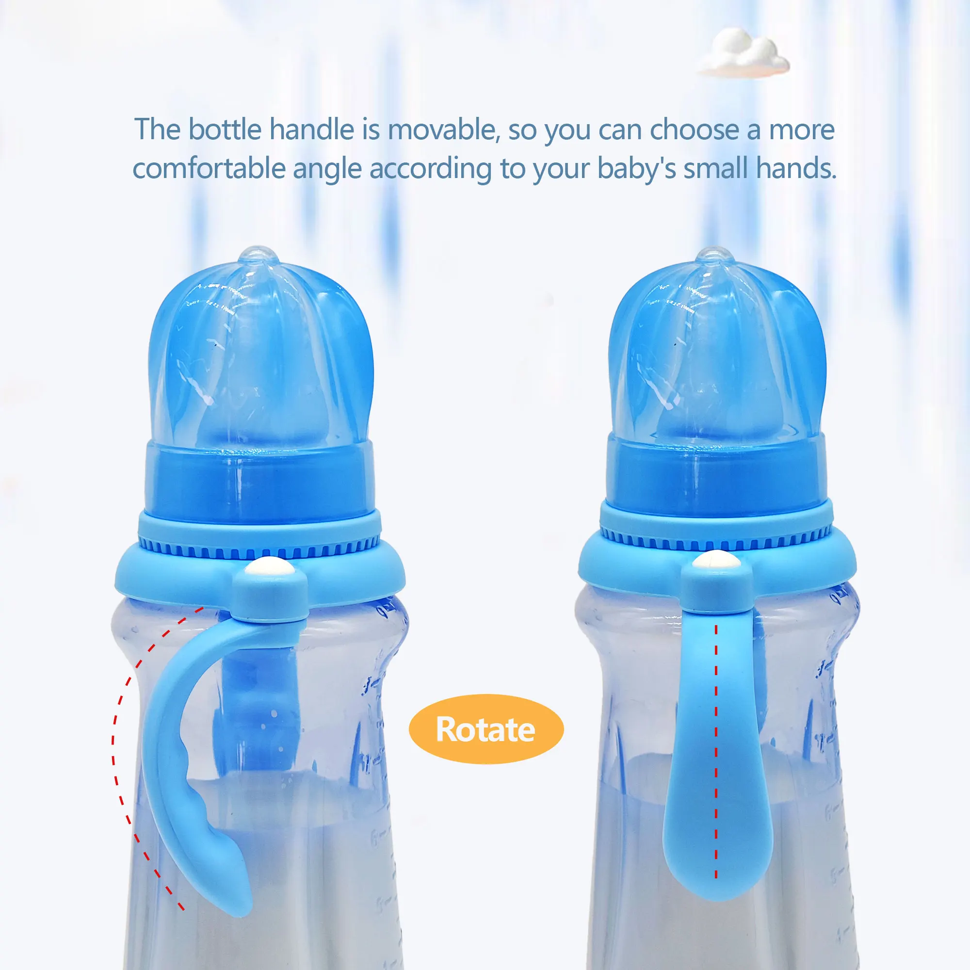 240ml cartoon baby PP bottle, 0-3 years old newborn imitation breastmilk nipple bottle, collapsible handle, BPA-free