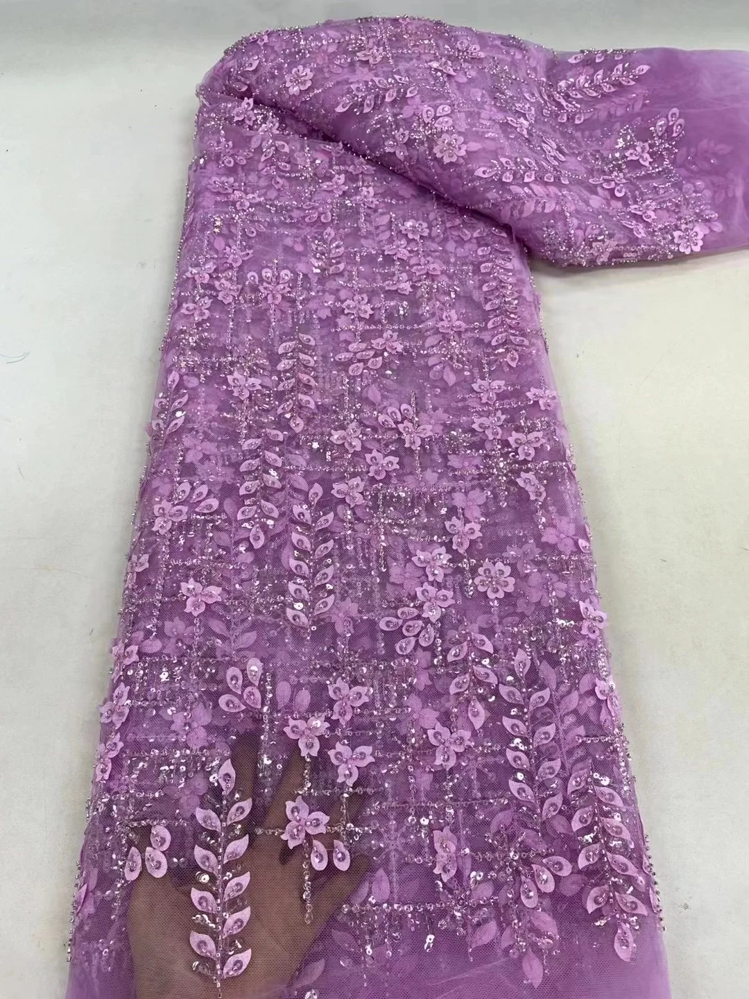 

Purple France High-End Handmade Beaded Lace Fabric Nigerian Embroidery 3D Beads With Sequins Mesh Lace Fabric For Wedding Dress