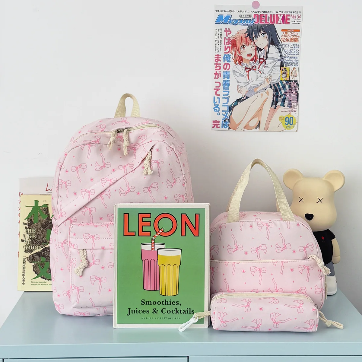Sweet Girl Style Bow Print Three Piece Backpack Set Nylon Lightweight Large Capacity Backpack Campus Commuting Student Backpack 3