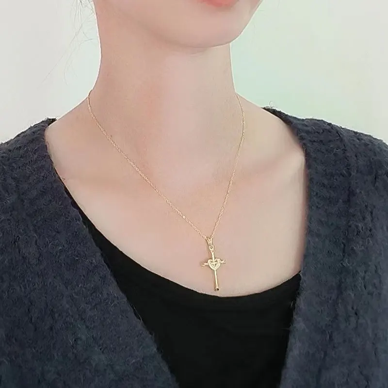 925 Sterling Silver Crystal Love Heart Cross Pendant Necklace for Women Wedding Party Jewelry Gift