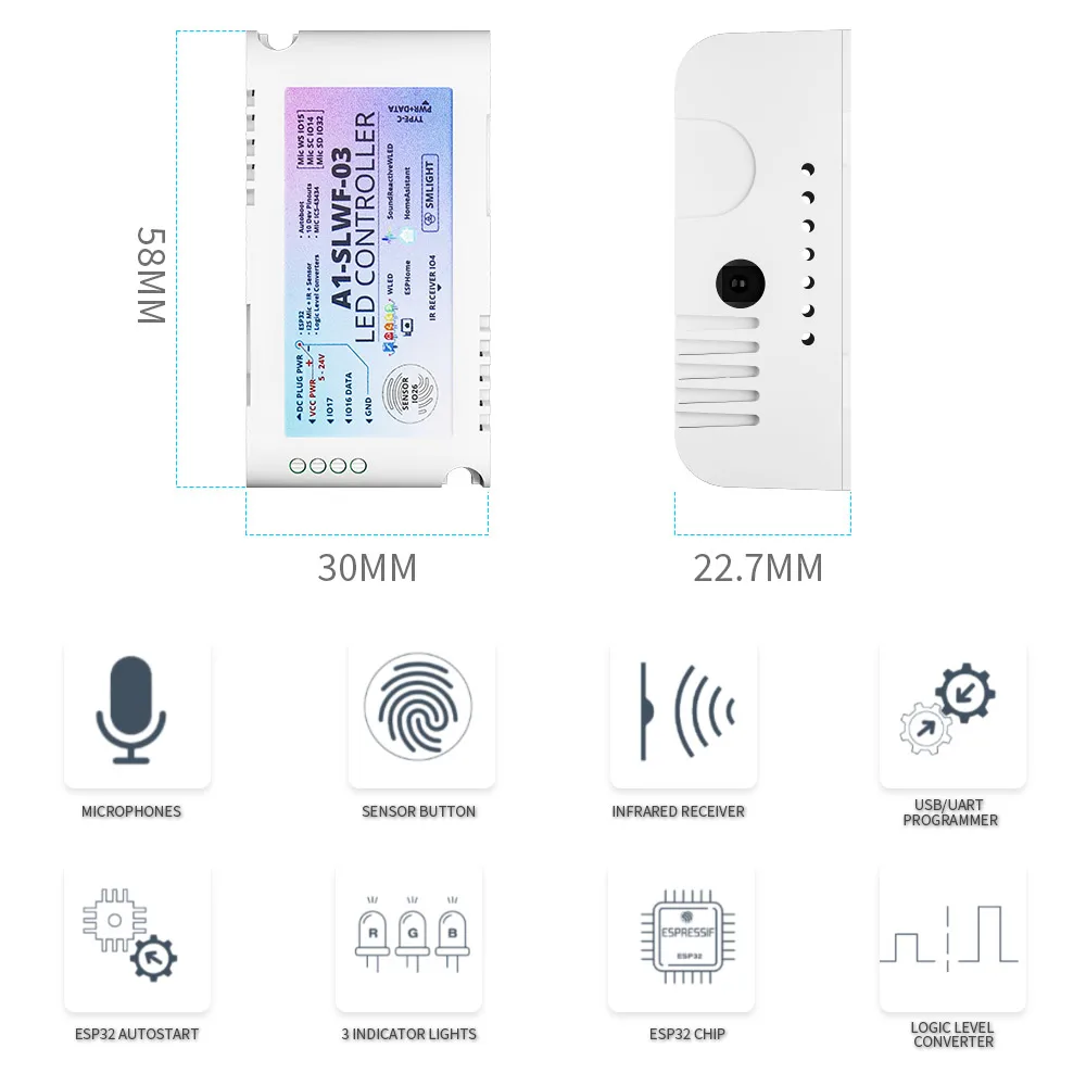 SMLIGHT A1-SLWF-03 WLED ESP32 WS2812 픽셀 LED 컨트롤러 WS2812B WS2811 WS2813 WS2815 스트립 DC5-24V 용 마이크 홈 어시스턴트