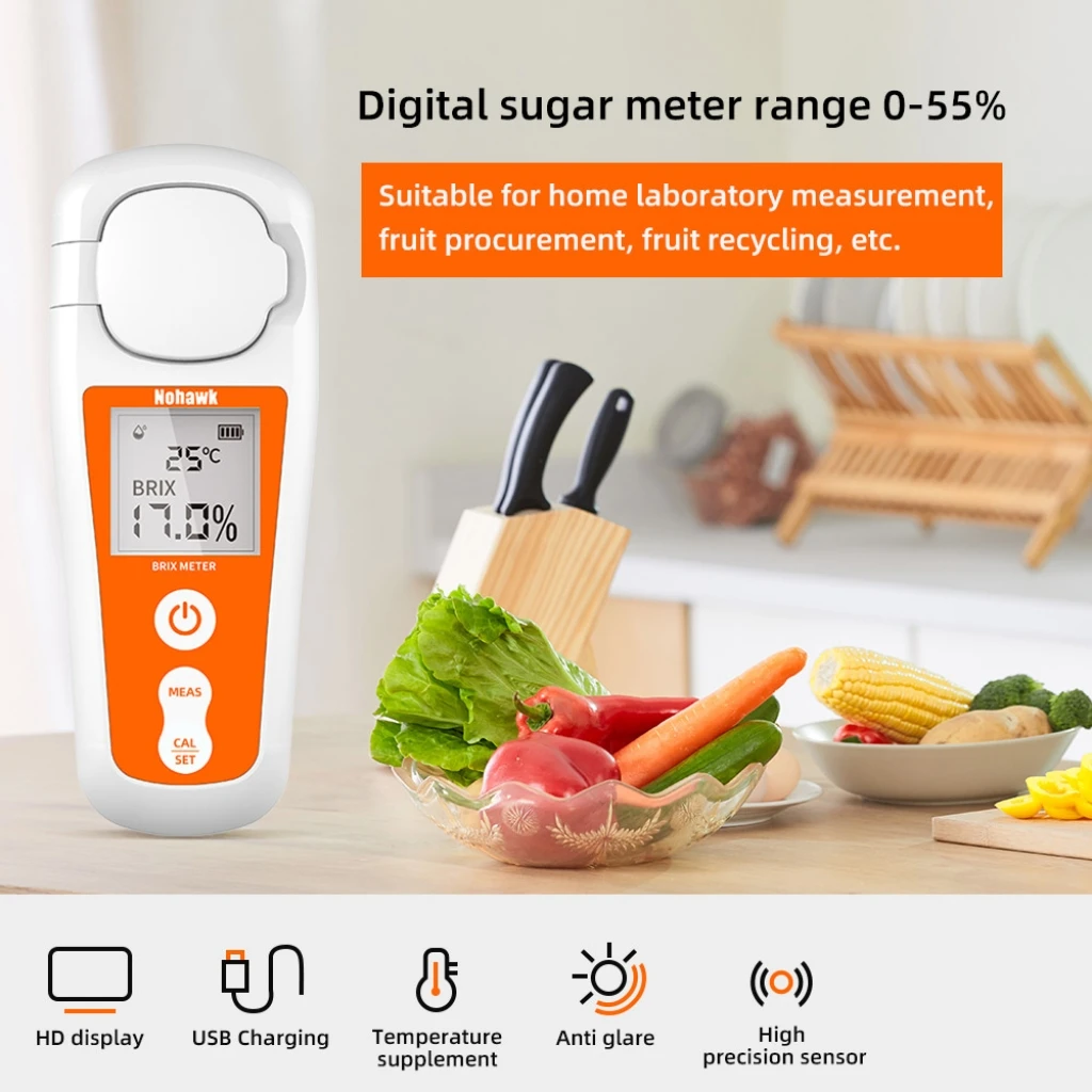 Digital Brix Refractometer Range 0-55%,±0.2% Precision Auto Temperature Compensa