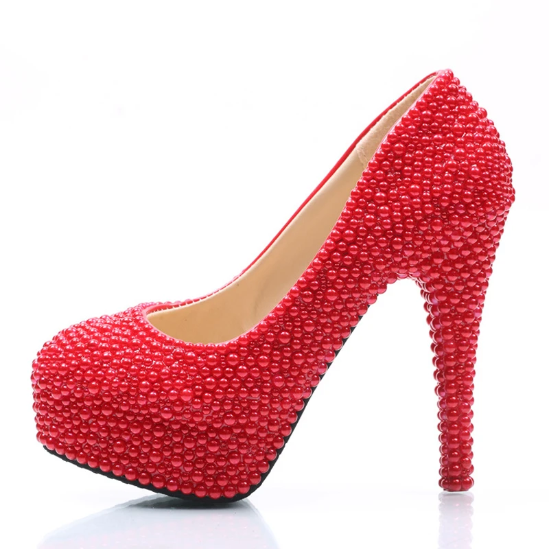 

Red Color Bridesmaid Shoes Red Pearl Wedding Dress Shoes Round Toe Nightclub Party High Heel Shoes Prom Pumps Plus Size 43 44